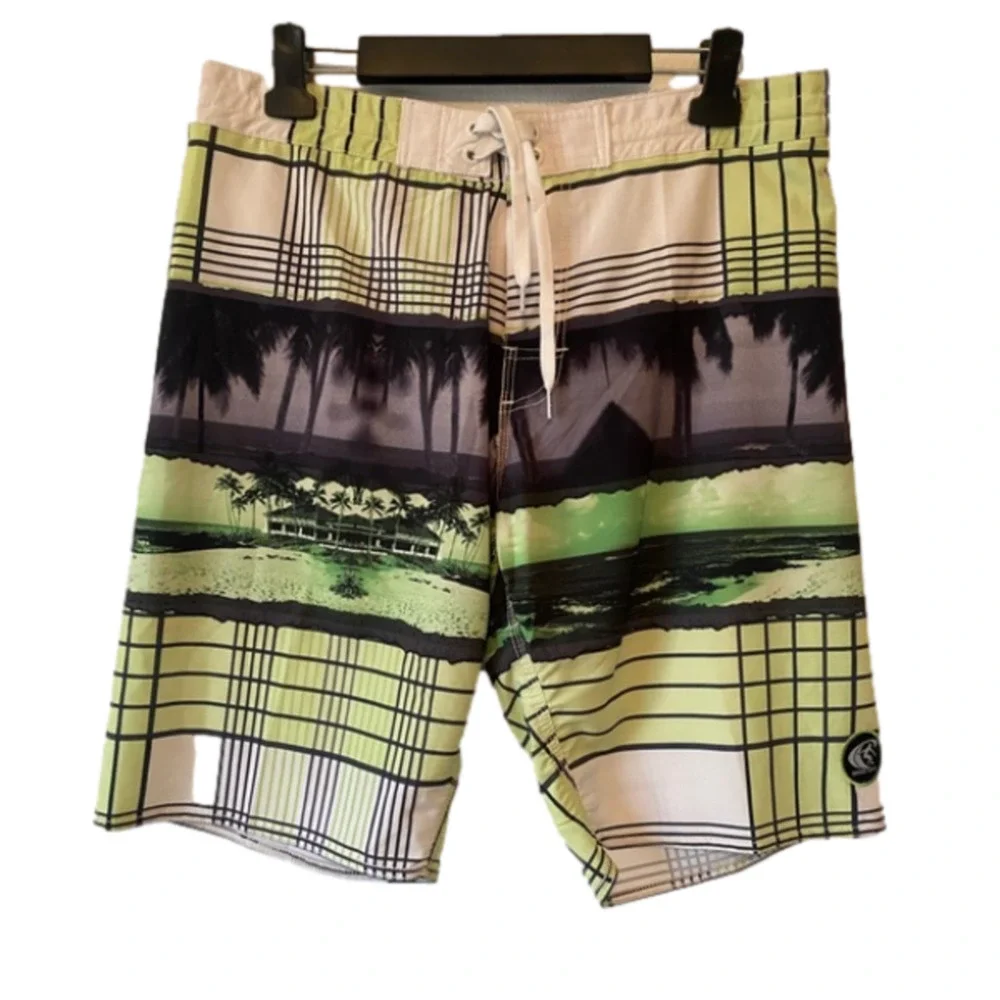 Wave Life Men's XL Swim Board Shorts Green Black Swim Beach Travel Resort NWT